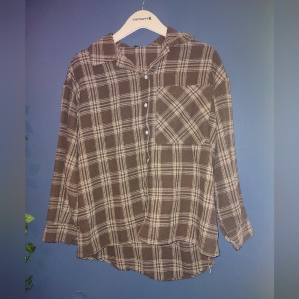 Women's Oversized Brown Button Up Flannel - Size S